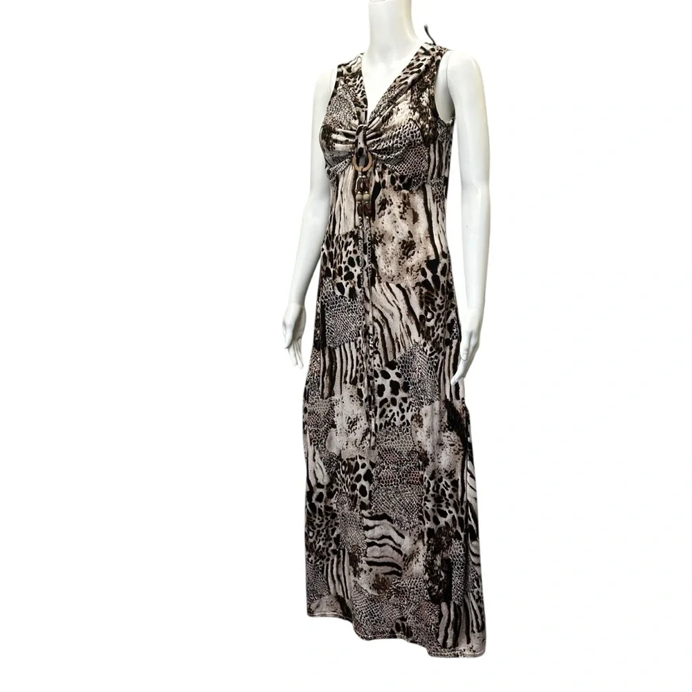 Alison Sheri Brown Animal Print V-Neck Beaded Maxi Dress - Size M - Picture 4 of 6